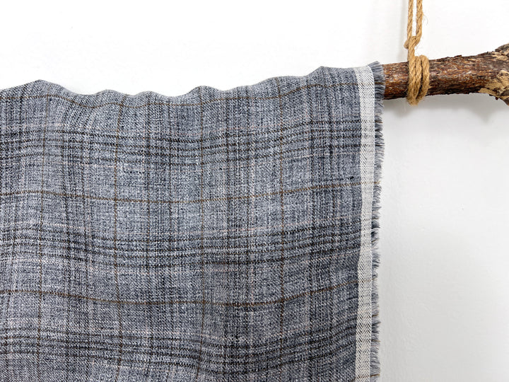 100% Linen Heritage Glen Plaid Twill Fabric 8434 | Grey Melange Yarn | 52"