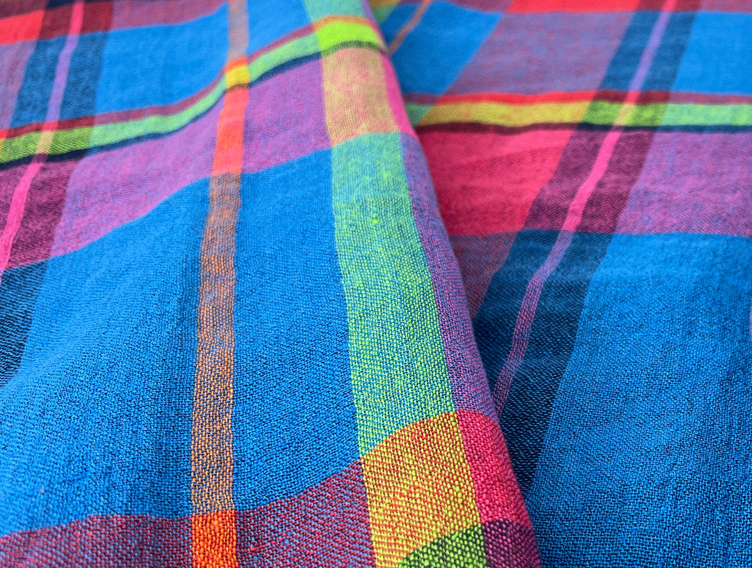 Vivid Multicolor Madras Plaid Linen Blend Fabric | Natural Stretch & Wrinkle Finish | 52" 8273