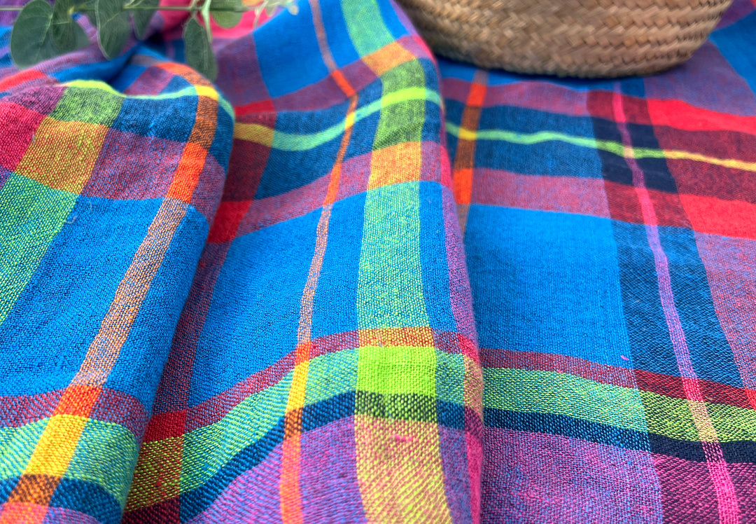 Vivid Multicolor Madras Plaid Linen Blend Fabric | Natural Stretch & Wrinkle Finish | 52" 8273