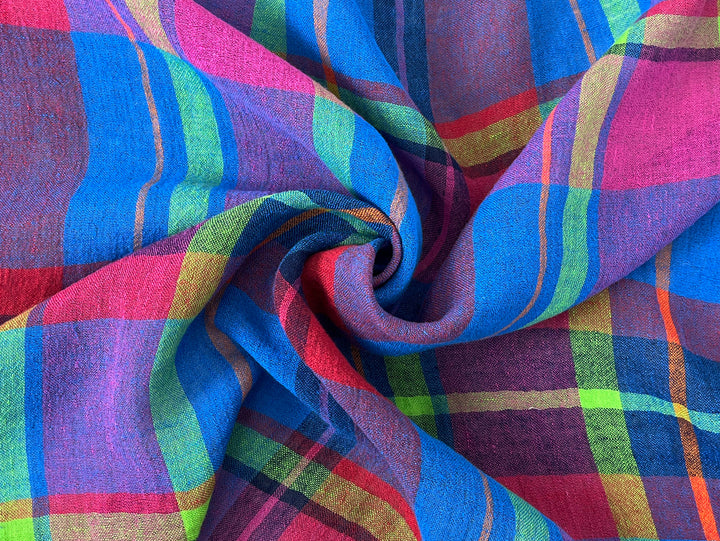Vivid Multicolor Madras Plaid Linen Blend Fabric | Natural Stretch & Wrinkle Finish | 52" 8273