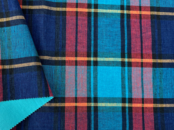 Double-Face Linen Cotton Plaid Fabric | Reversible Solid Back | 52"  7718 7719