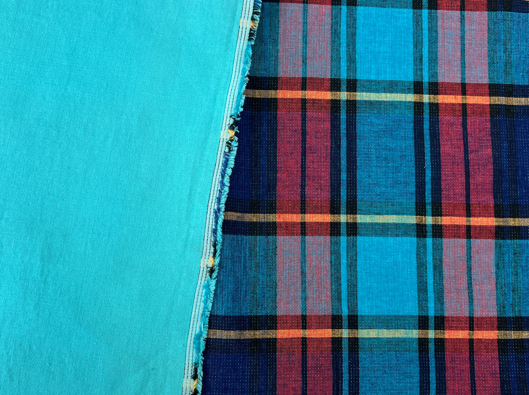 Double-Face Linen Cotton Plaid Fabric | Reversible Solid Back | 52"  7718 7719