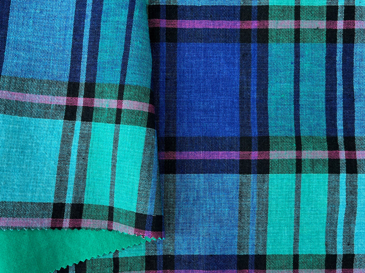 Double-Face Linen Cotton Plaid Fabric | Reversible Solid Back | 52"  7718 7719