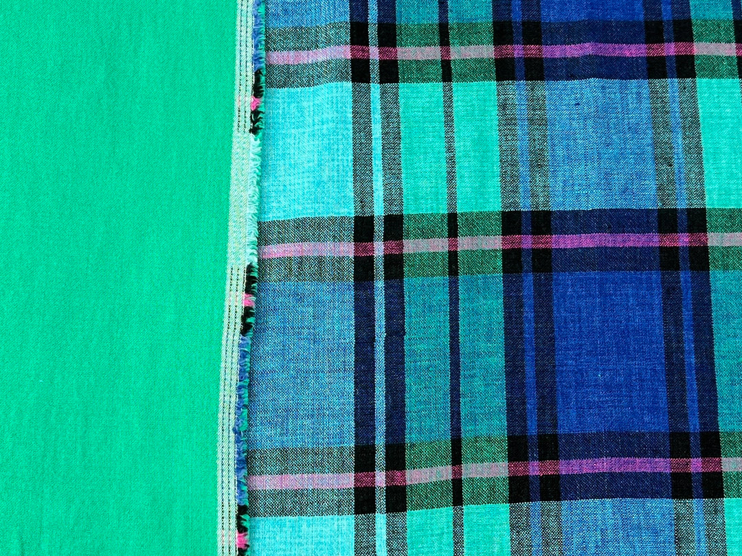 Double-Face Linen Cotton Plaid Fabric | Reversible Solid Back | 52"  7718 7719