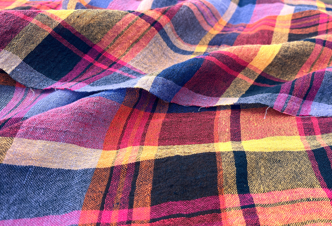 Multi-Tonal Plaid Linen Blend Fabric | Natural Wrinkle and Subtle Stretch | Light Weight  8388