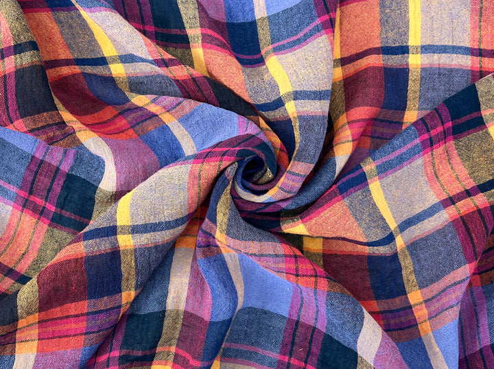 Multi-Tonal Plaid Linen Blend Fabric | Natural Wrinkle and Subtle Stretch | Light Weight  8388