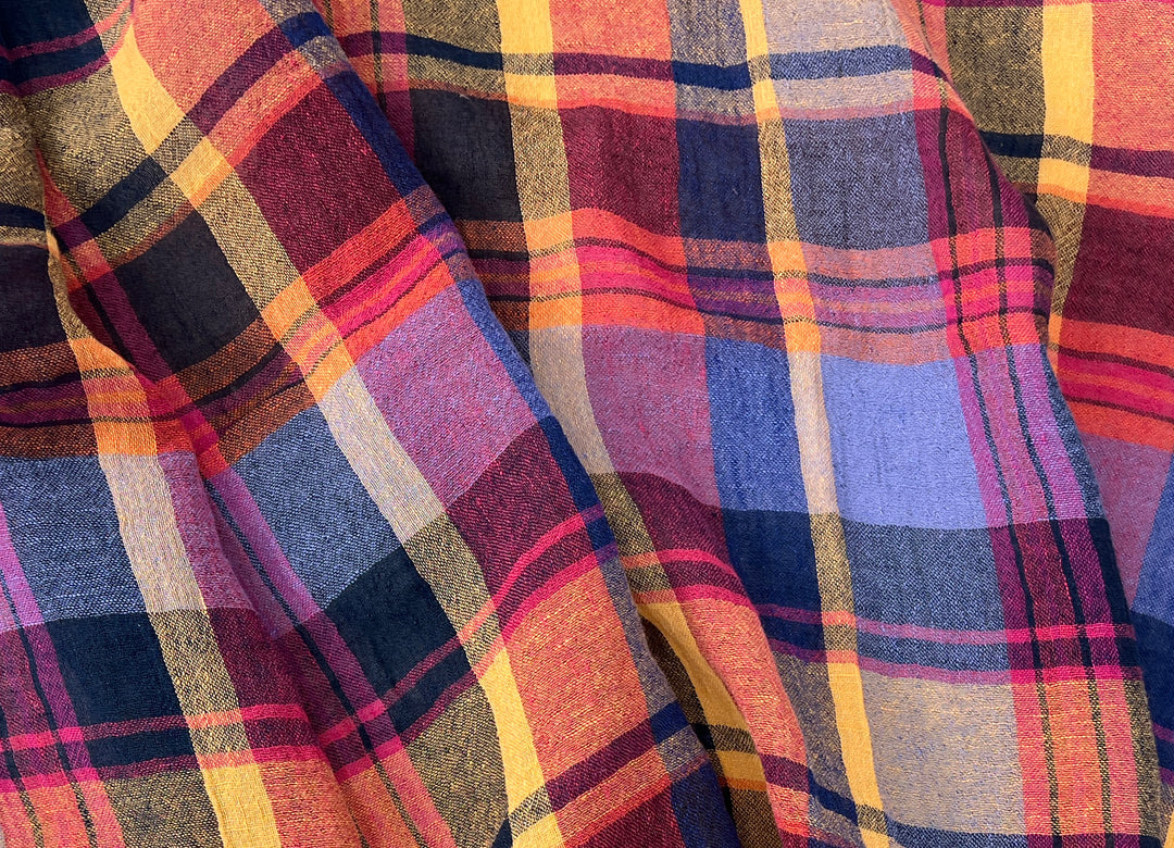 Multi-Tonal Plaid Linen Blend Fabric | Natural Wrinkle and Subtle Stretch | Light Weight  8388