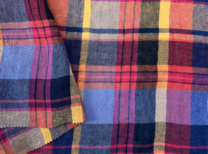 Multi-Tonal Plaid Linen Blend Fabric | Natural Wrinkle and Subtle Stretch | Light Weight  8388