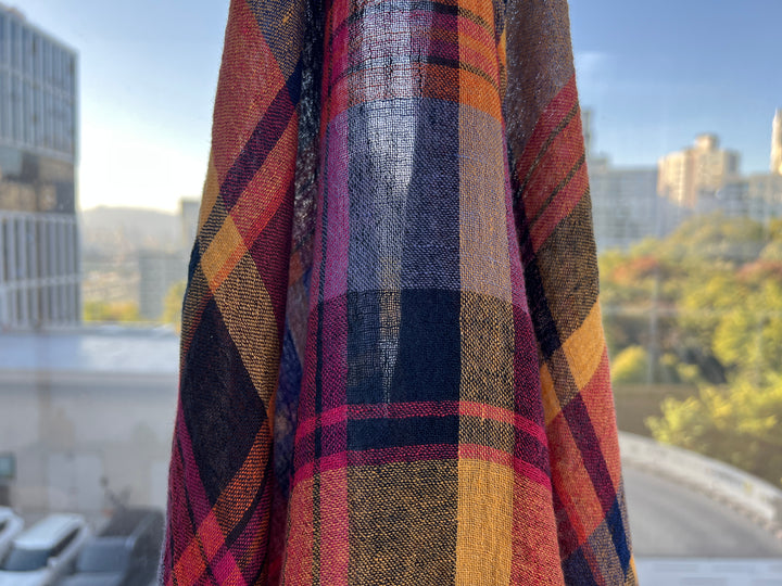 Multi-Tonal Plaid Linen Blend Fabric | Natural Wrinkle and Subtle Stretch | Light Weight  8388