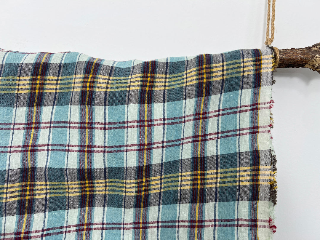 100% Linen Blue Plaid Fabric | High-Twist Natural Texture | Light Weight | 54"  8466