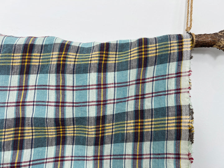 100% Linen Blue Plaid Fabric | High-Twist Natural Texture | Light Weight | 54"  8466