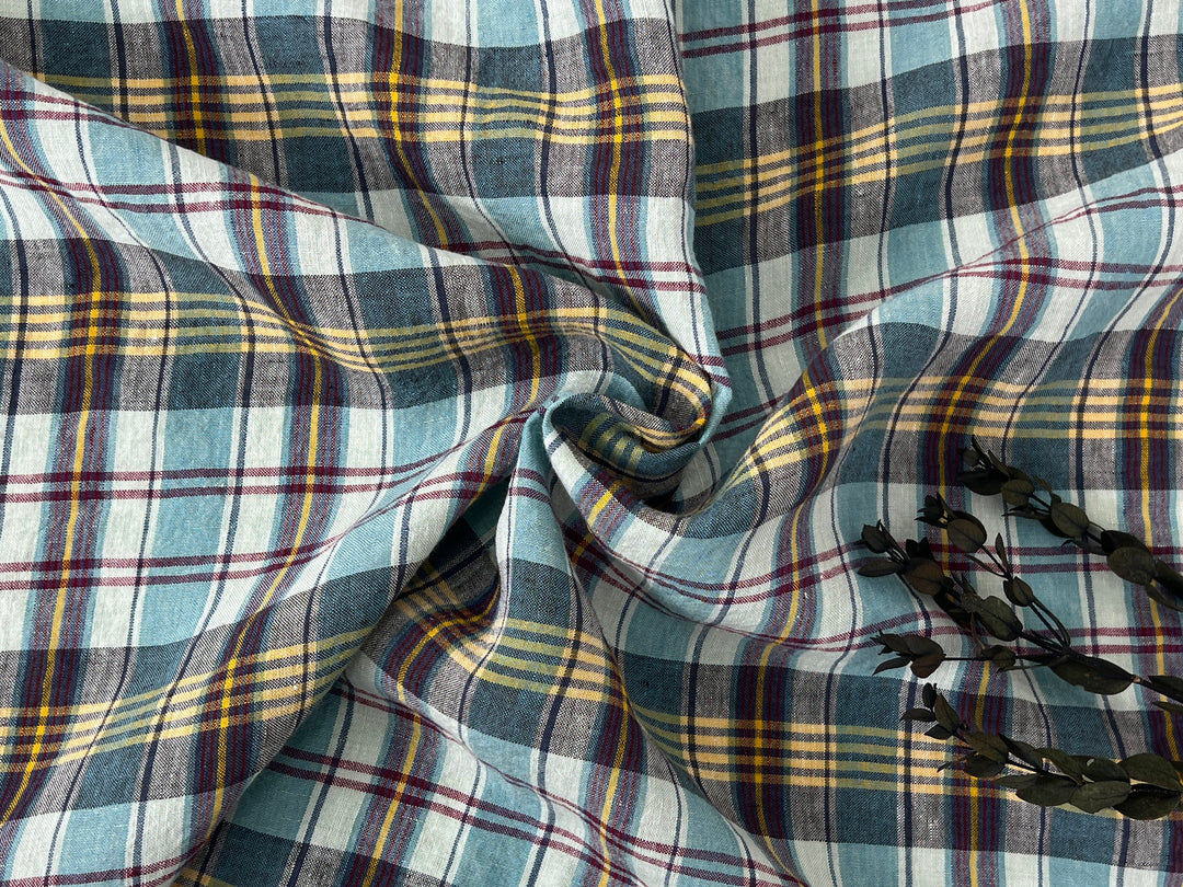 100% Linen Blue Plaid Fabric | High-Twist Natural Texture | Light Weight | 54"  8466
