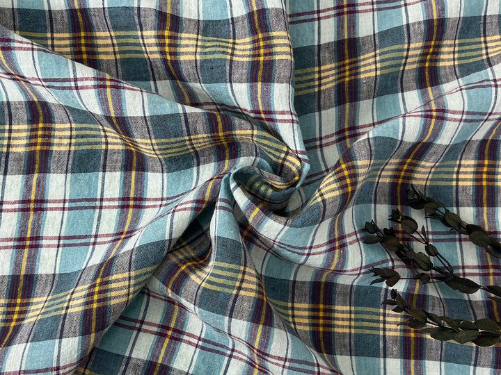 100% Linen Blue Plaid Fabric | High-Twist Natural Texture | Light Weight | 54"  8466