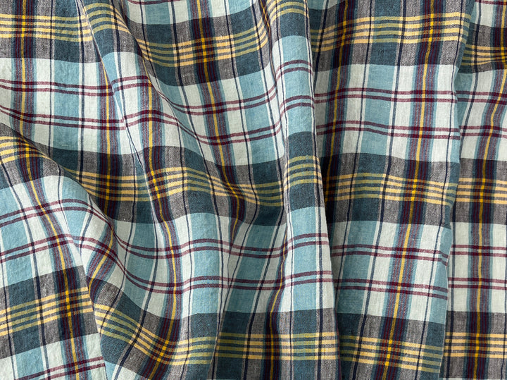 100% Linen Blue Plaid Fabric | High-Twist Natural Texture | Light Weight | 54"  8466
