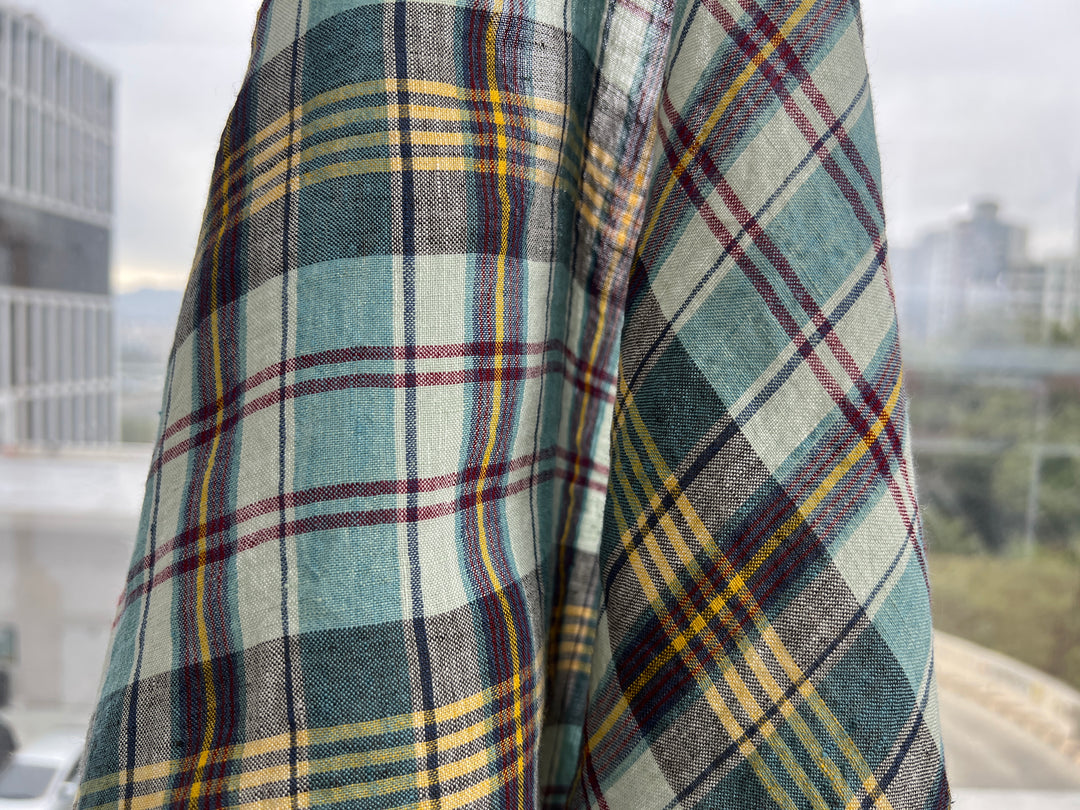 100% Linen Blue Plaid Fabric | High-Twist Natural Texture | Light Weight | 54"  8466