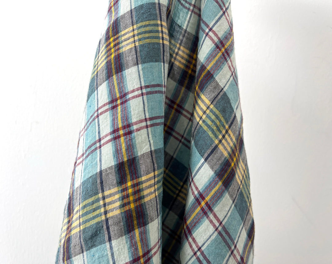 100% Linen Blue Plaid Fabric | High-Twist Natural Texture | Light Weight | 54"  8466