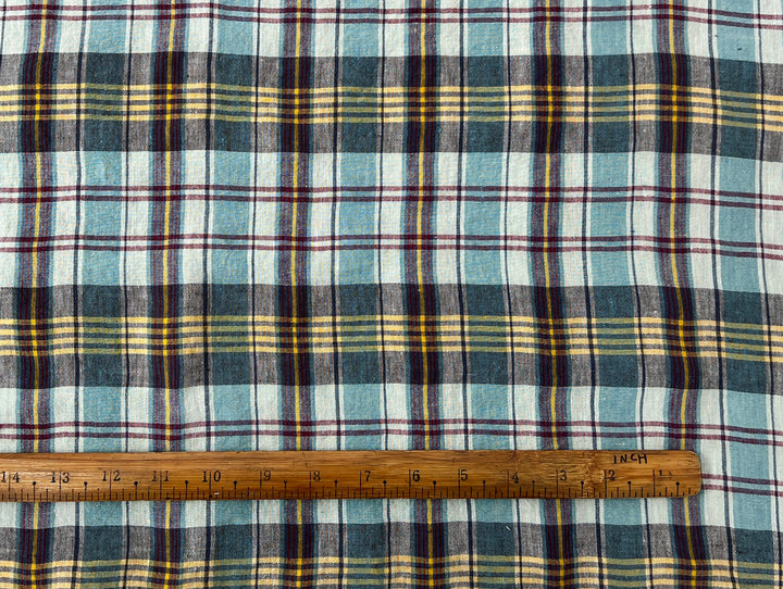 100% Linen Blue Plaid Fabric | High-Twist Natural Texture | Light Weight | 54"  8466