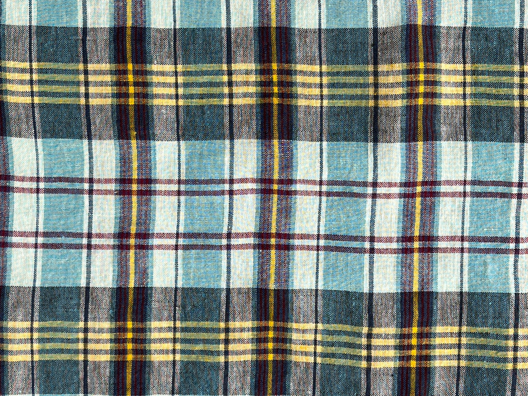 100% Linen Blue Plaid Fabric | High-Twist Natural Texture | Light Weight | 54"  8466