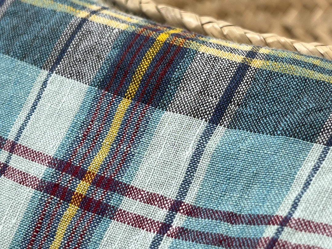 100% Linen Blue Plaid Fabric | High-Twist Natural Texture | Light Weight | 54"  8466
