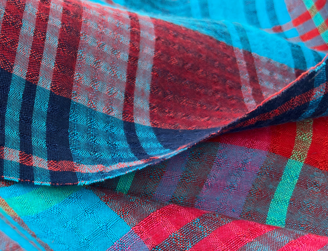 Vibrant Red & Blue Plaid Linen Tencel Fabric | Subtle Seersucker Effect | Light Weight | 54"  8175