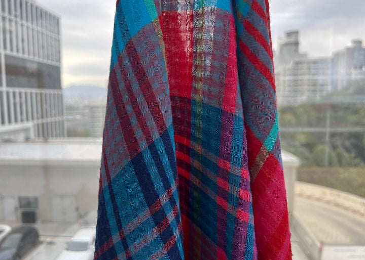 Vibrant Red & Blue Plaid Linen Tencel Fabric | Subtle Seersucker Effect | Light Weight | 54"  8175