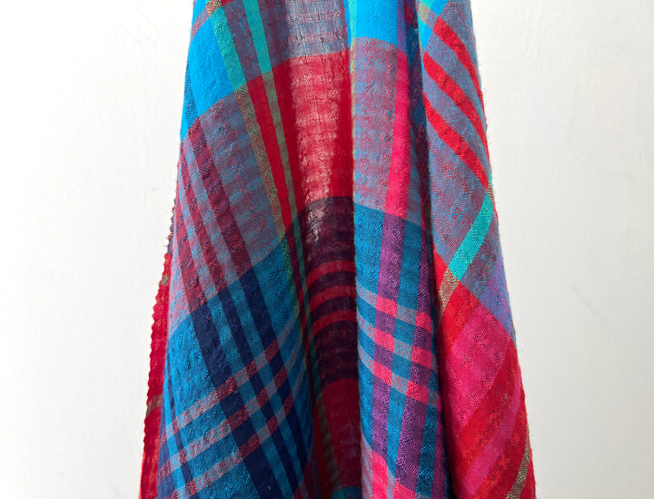 Vibrant Red & Blue Plaid Linen Tencel Fabric | Subtle Seersucker Effect | Light Weight | 54"  8175