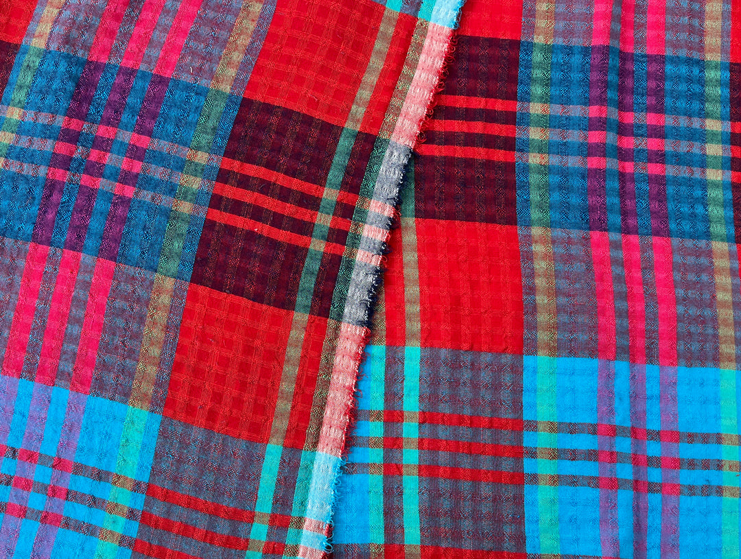 Vibrant Red & Blue Plaid Linen Tencel Fabric | Subtle Seersucker Effect | Light Weight | 54"  8175