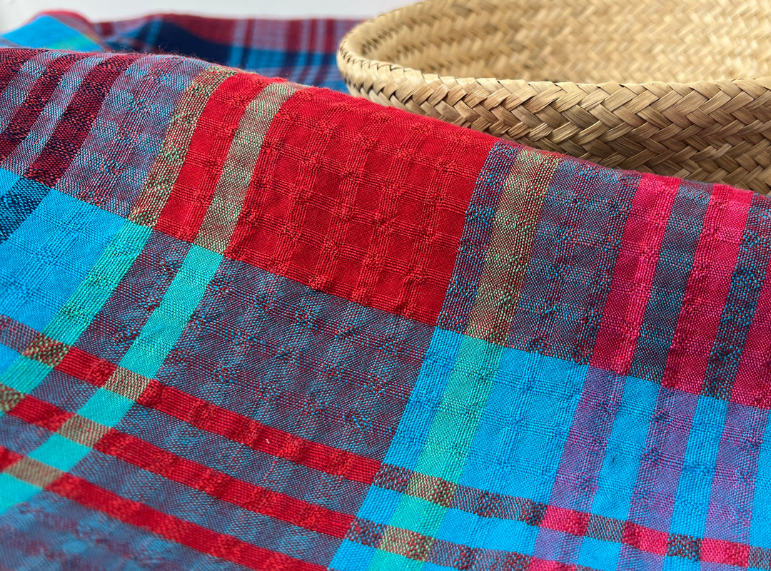 Vibrant Red & Blue Plaid Linen Tencel Fabric | Subtle Seersucker Effect | Light Weight | 54"  8175