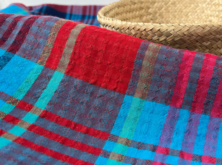 Vibrant Red & Blue Plaid Linen Tencel Fabric | Subtle Seersucker Effect | Light Weight | 54"  8175