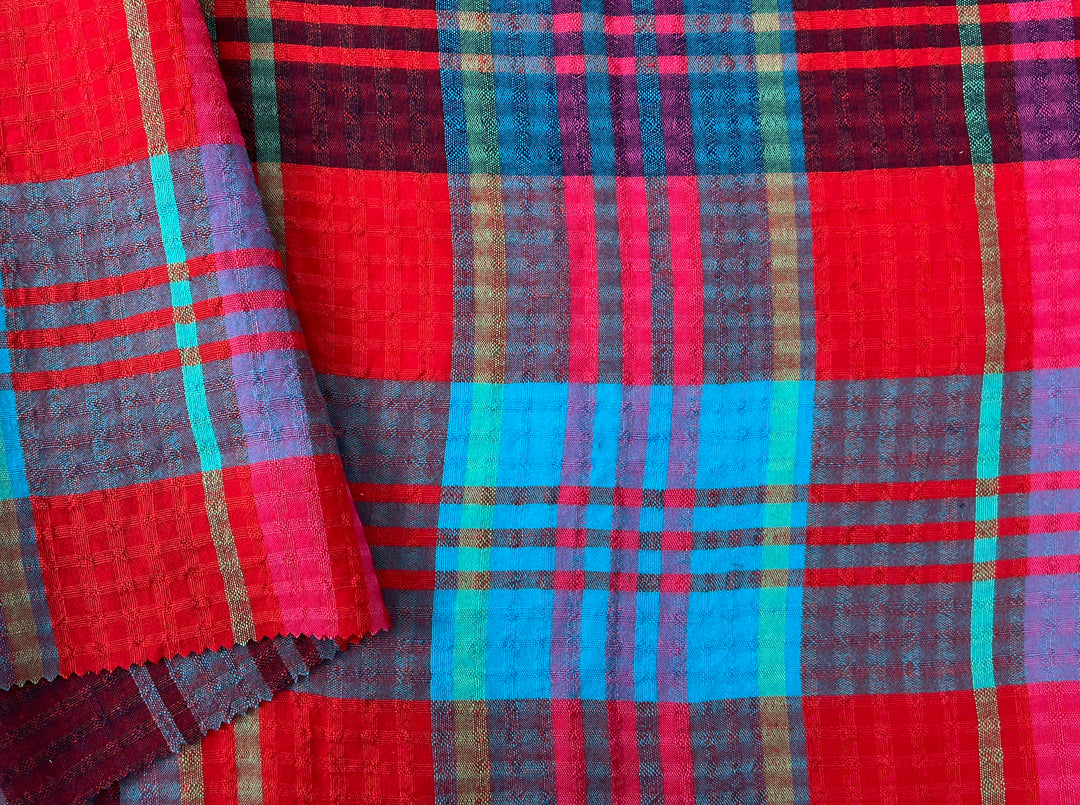 Vibrant Red & Blue Plaid Linen Tencel Fabric | Subtle Seersucker Effect | Light Weight | 54"  8175