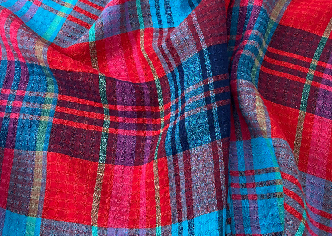 Vibrant Red & Blue Plaid Linen Tencel Fabric | Subtle Seersucker Effect | Light Weight | 54"  8175