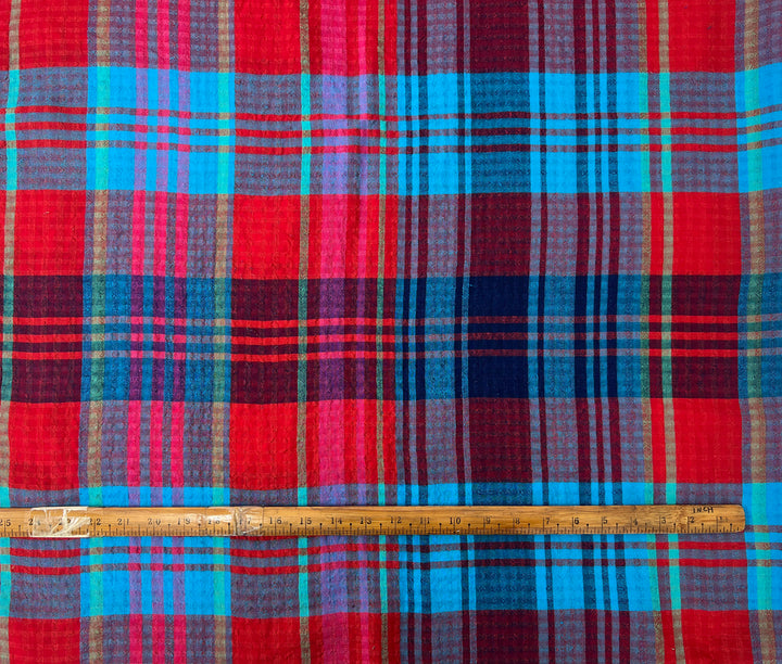 Vibrant Red & Blue Plaid Linen Tencel Fabric | Subtle Seersucker Effect | Light Weight | 54"  8175