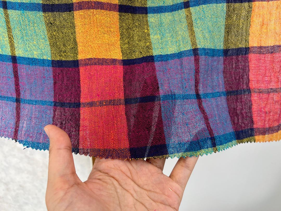 Vibrant Multi-Color Plaid Linen Blend Fabric | Natural Wrinkle & Stretch | Light Weight | 51"  7855