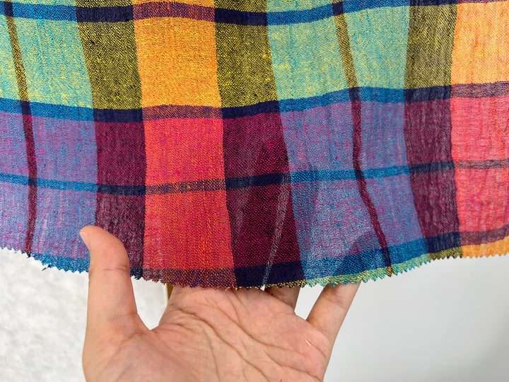 Vibrant Multi-Color Plaid Linen Blend Fabric | Natural Wrinkle & Stretch | Light Weight | 51"  7855