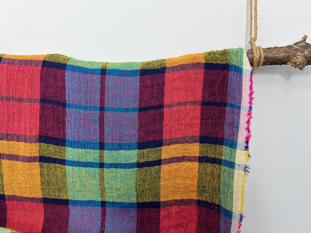 Vibrant Multi-Color Plaid Linen Blend Fabric | Natural Wrinkle & Stretch | Light Weight | 51"  7855