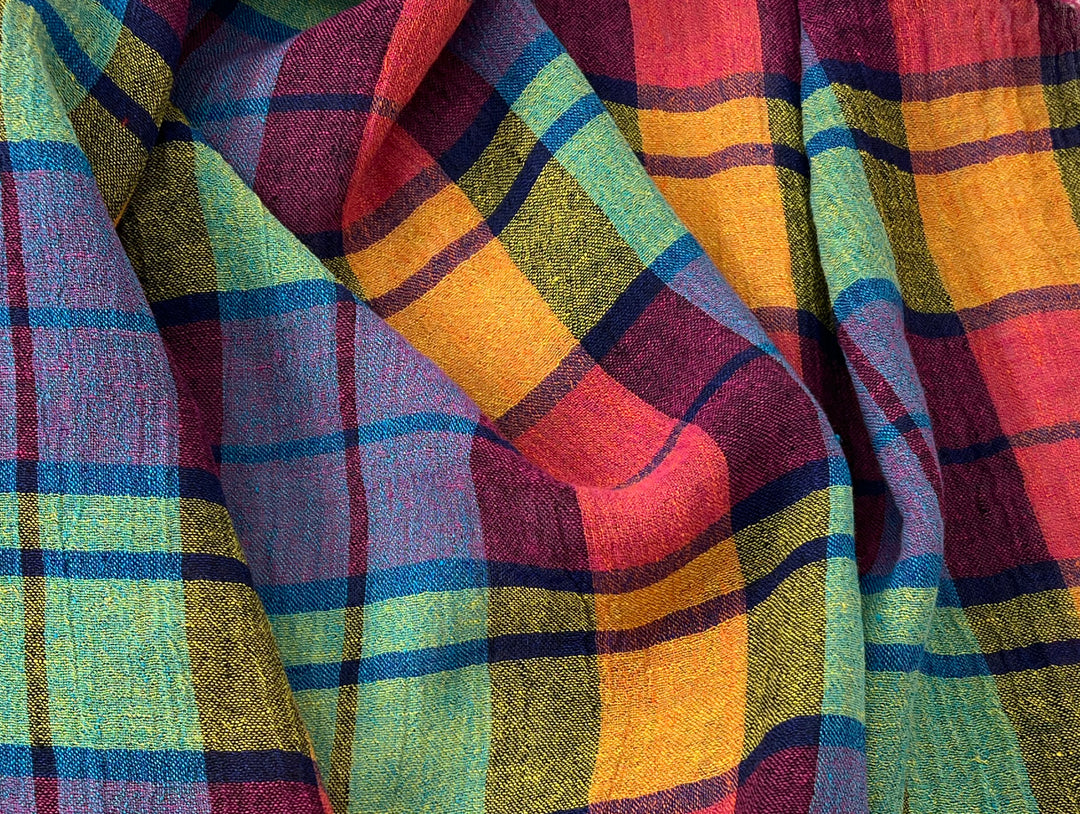 Vibrant Multi-Color Plaid Linen Blend Fabric | Natural Wrinkle & Stretch | Light Weight | 51"  7855
