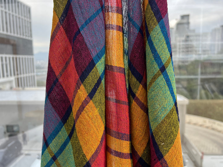 Vibrant Multi-Color Plaid Linen Blend Fabric | Natural Wrinkle & Stretch | Light Weight | 51"  7855