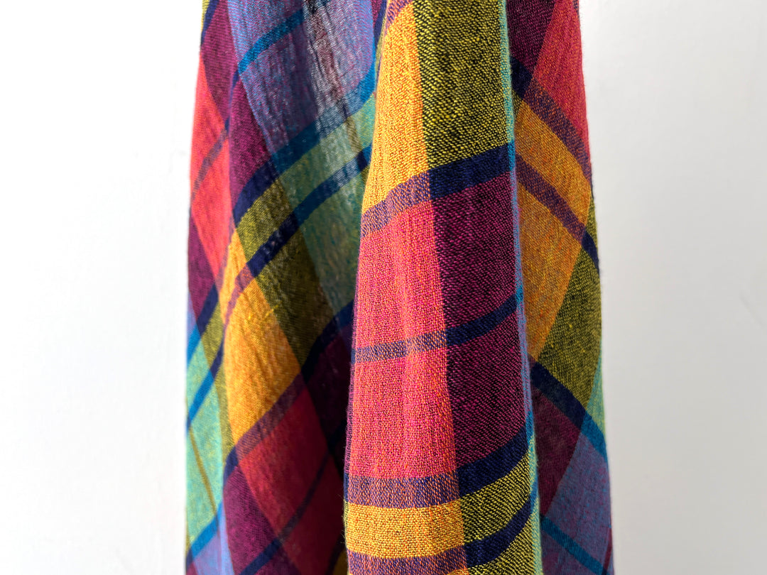 Vibrant Multi-Color Plaid Linen Blend Fabric | Natural Wrinkle & Stretch | Light Weight | 51"  7855