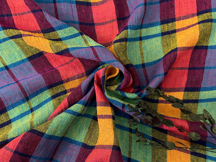 Vibrant Multi-Color Plaid Linen Blend Fabric | Natural Wrinkle & Stretch | Light Weight | 51"  7855