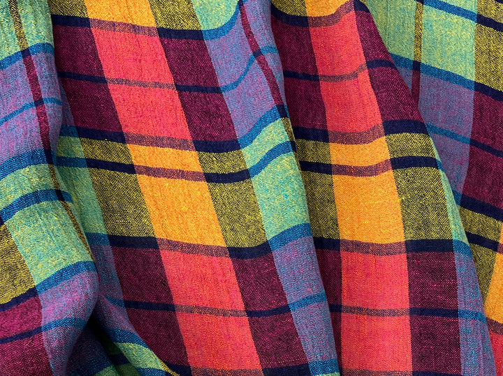 Vibrant Multi-Color Plaid Linen Blend Fabric | Natural Wrinkle & Stretch | Light Weight | 51"  7855