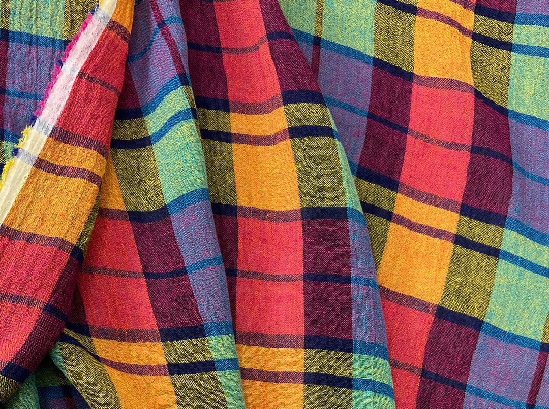 Vibrant Multi-Color Plaid Linen Blend Fabric | Natural Wrinkle & Stretch | Light Weight | 51"  7855