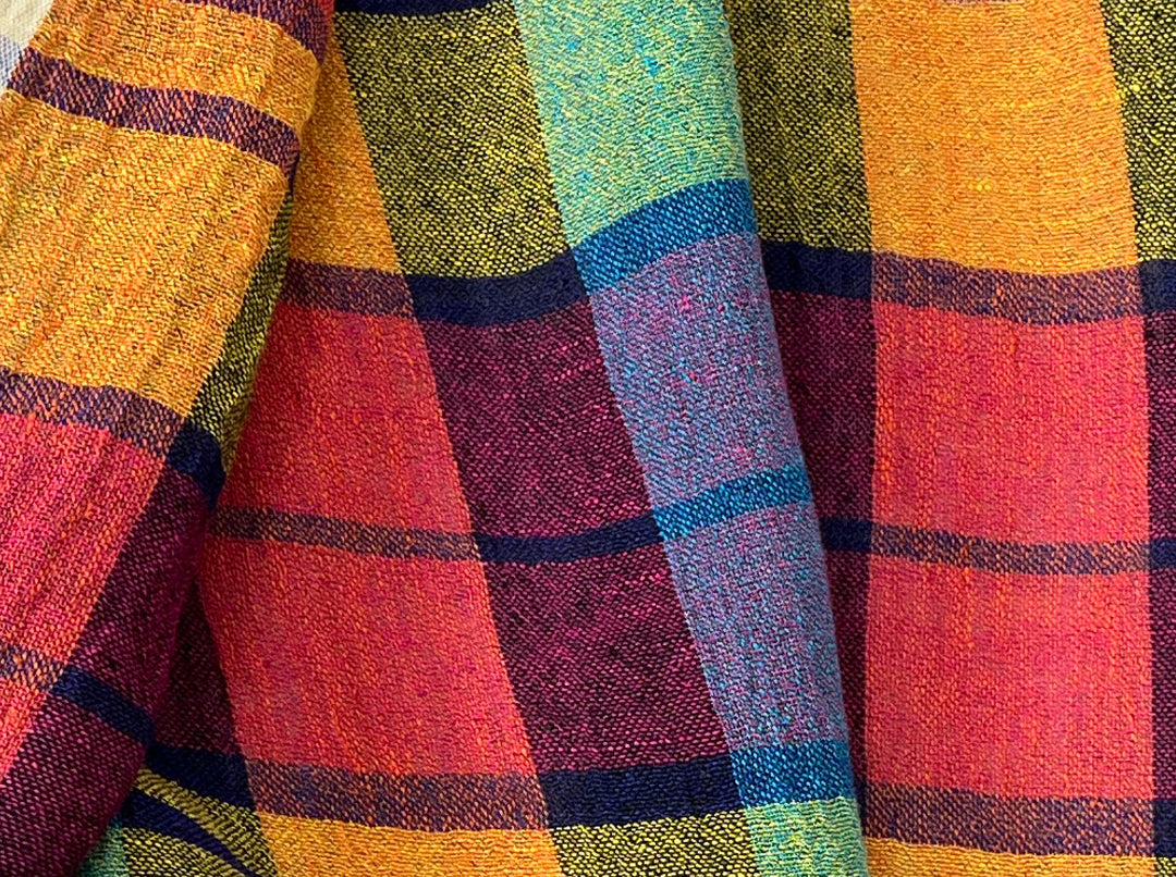 Vibrant Multi-Color Plaid Linen Blend Fabric | Natural Wrinkle & Stretch | Light Weight | 51"  7855