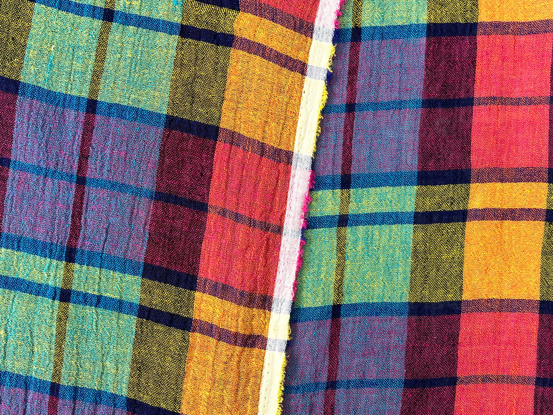 Vibrant Multi-Color Plaid Linen Blend Fabric | Natural Wrinkle & Stretch | Light Weight | 51"  7855