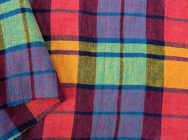 Vibrant Multi-Color Plaid Linen Blend Fabric | Natural Wrinkle & Stretch | Light Weight | 51"  7855