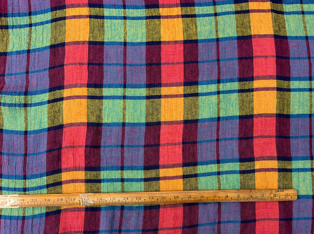 Vibrant Multi-Color Plaid Linen Blend Fabric | Natural Wrinkle & Stretch | Light Weight | 51"  7855