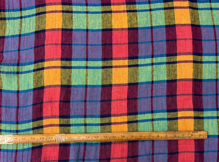 Vibrant Multi-Color Plaid Linen Blend Fabric | Natural Wrinkle & Stretch | Light Weight | 51"  7855
