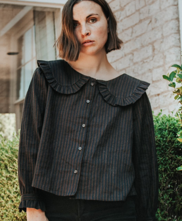 Brown Navy Stripe Linen Cotton Fabric 6635