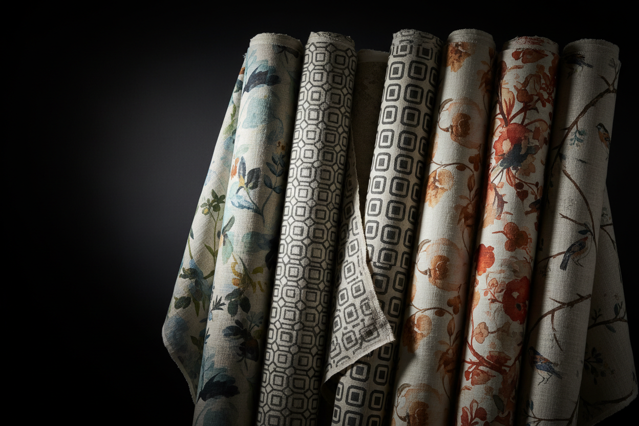 many fabrics on roll, printed fabric, linen fabric,  dark background